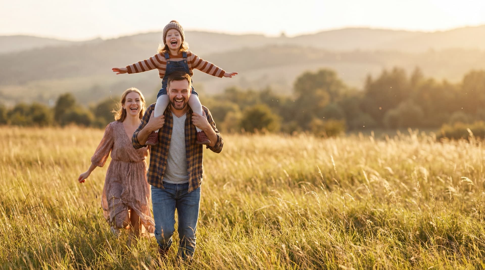 A smiling family walking through a sunlit field