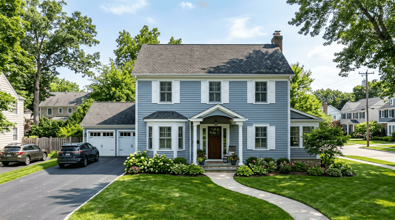Wood frame residential home with wood siding and shingle roof