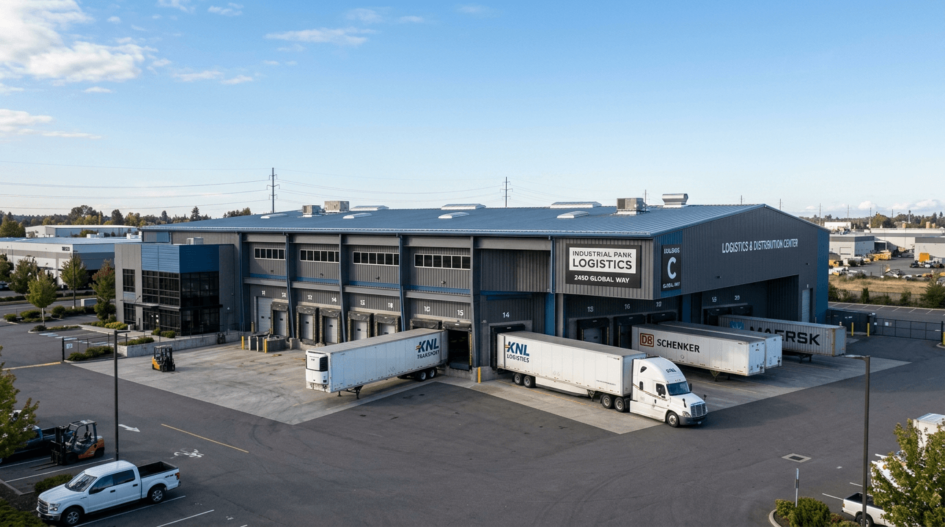 Steel frame industrial warehouse with metal panel siding