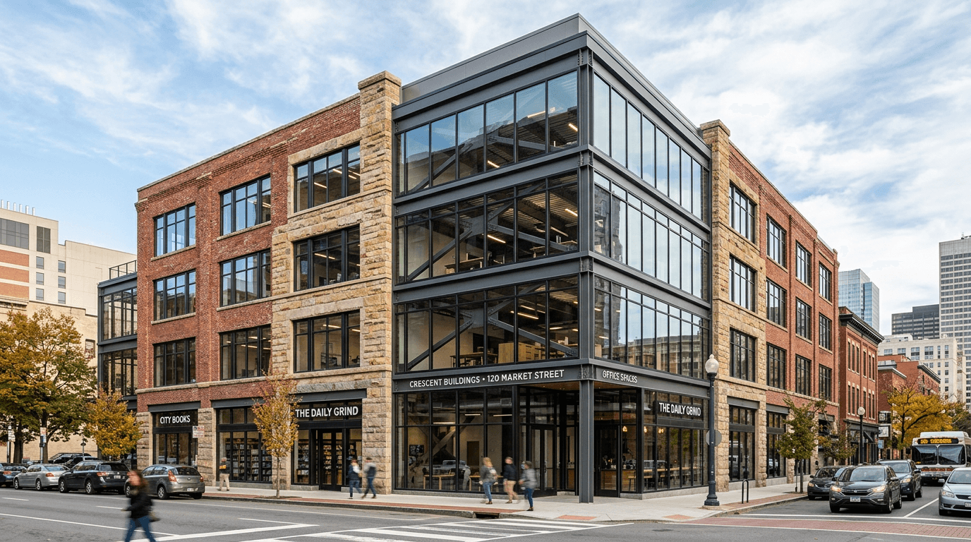 Mid-rise masonry commercial building with steel interior structure