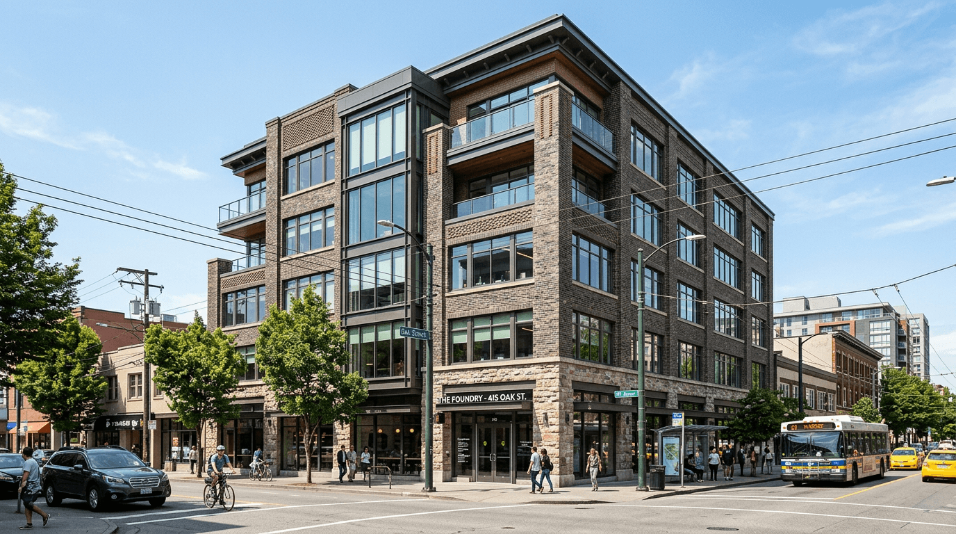 Modern mid-rise office building with protected steel and heavy masonry