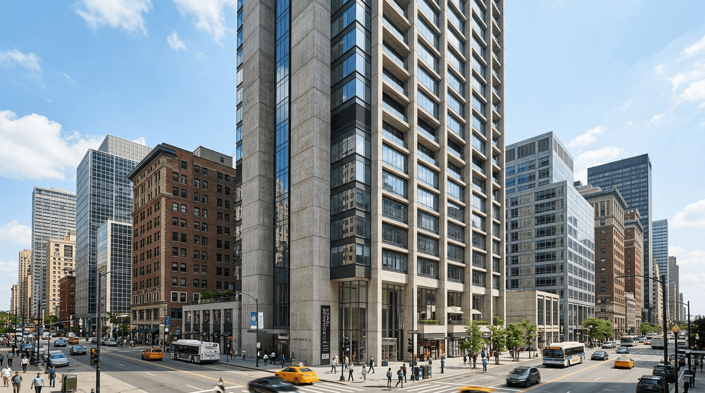 Reinforced concrete high-rise tower in urban setting